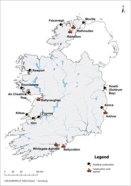 Map of Ireland with symbols to represent the 16 towns and cities with are discharging raw sewage in mid 2024