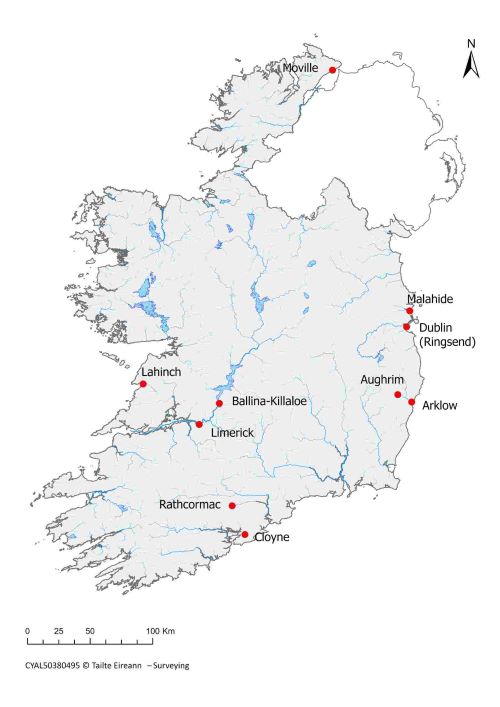 Map of Ireland with red dots to show 10 towns and cities which don't meet EU standards on environmental protection