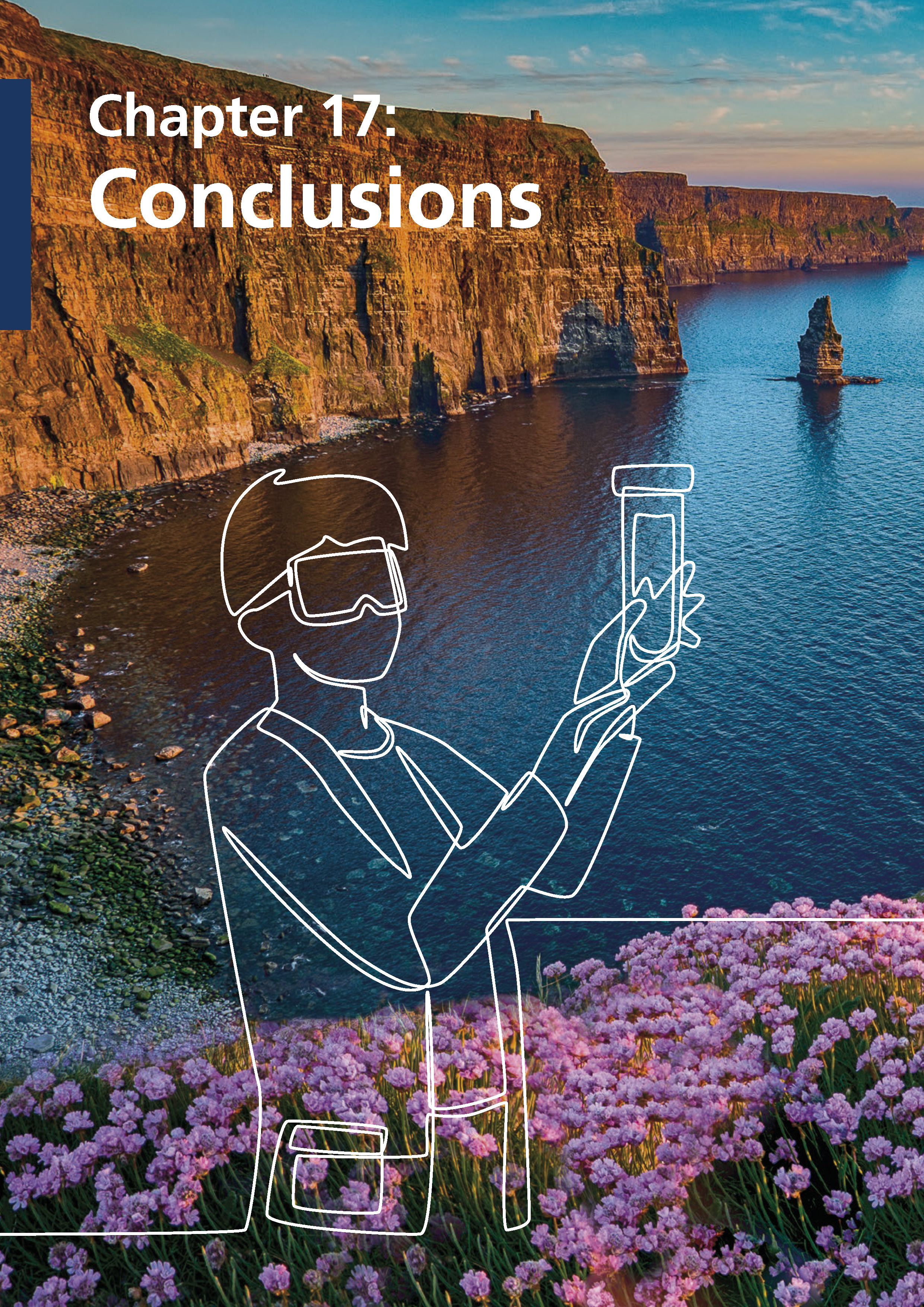 Sketch outline of person with safety glasses and lab coat holding a test tube with photo of the Cliffs of Moher as background